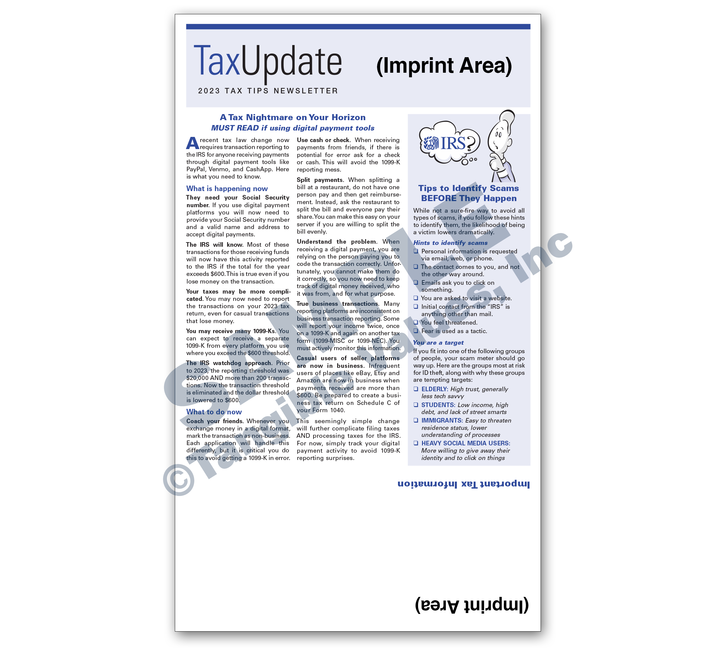 2023 Imprinted TAX TIPS Newsletter SelfMailer Item 03851