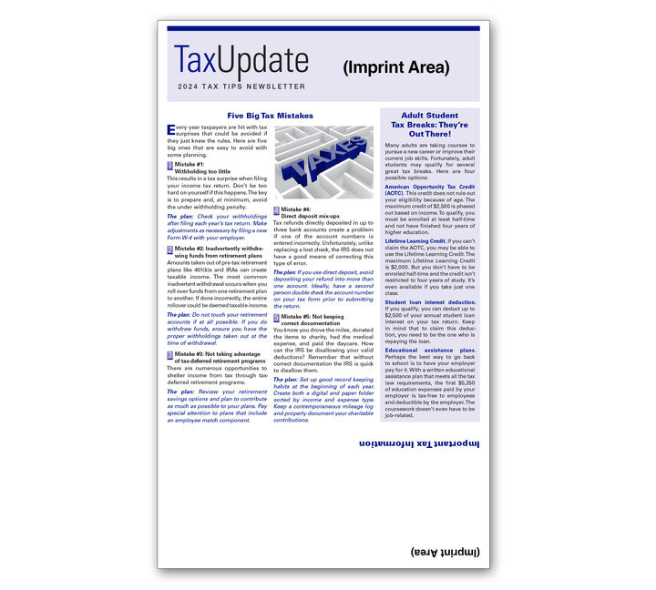 Image for item #03-851: 2024 Imprinted TAX TIPS Newsletter Self-Mailer