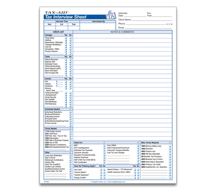 Image for item #22-000: Tax Interview Sheet Pad