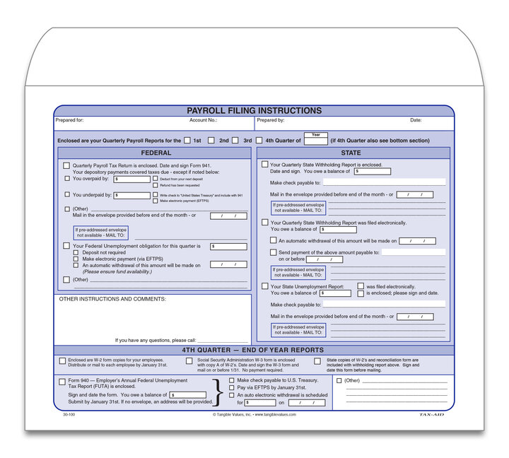 Image for item #30-100: 9 x 12 Env. Qrtly Payroll Filing Inst.