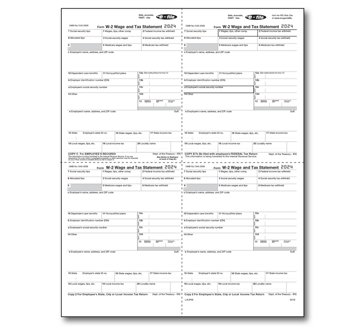 Image for item #82-5216: W-2 Employee 4-Up Box Cut Sheet