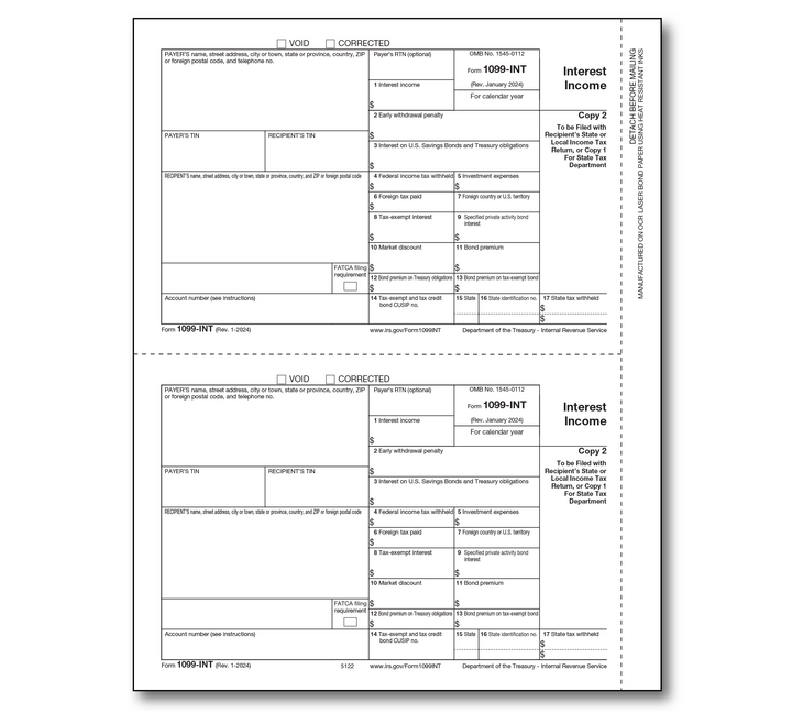 Image for item #89-5122: 1099 Laser Interest Payer and/or State Copy 2