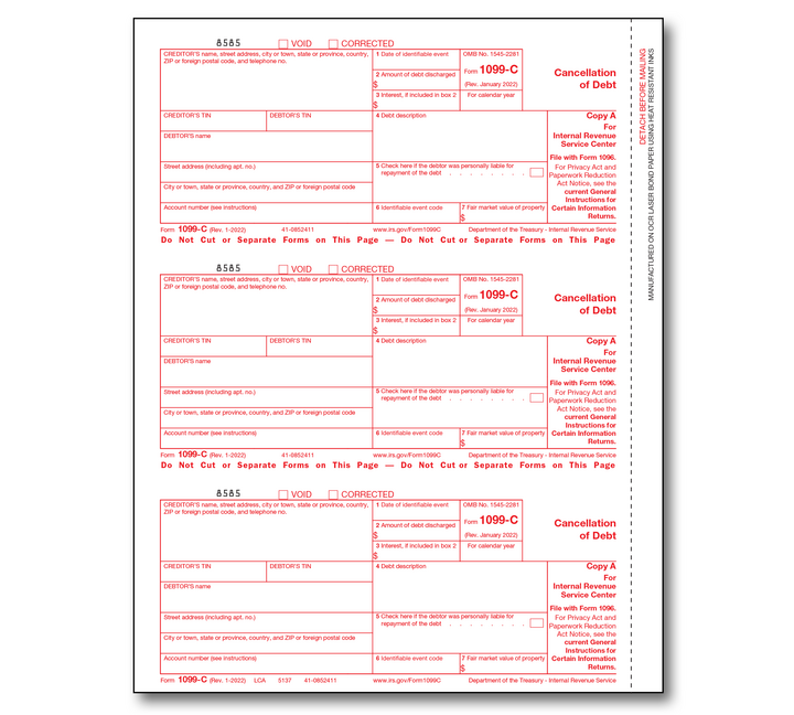 Image for item #89-5137: 1099-C Cancel of  Debt Laser Fed. Copy A