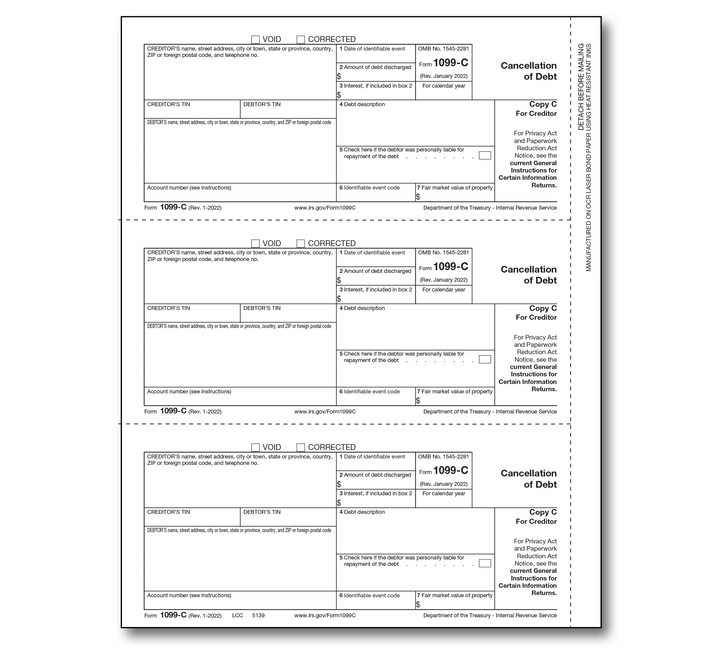 Image for item #89-5139: 1099-C Laser Payer State Copy C