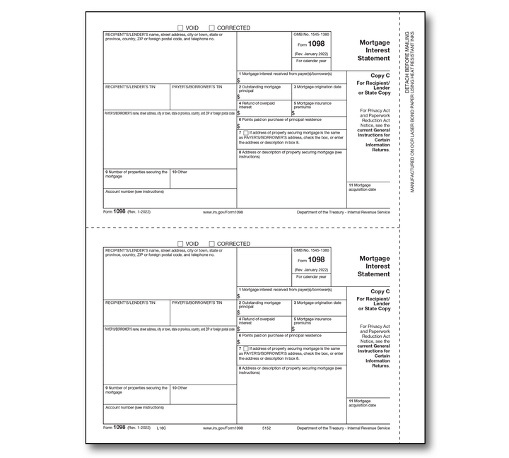 Image for item #89-5152: 1098-Mortgage Interest Laser Recipient/Lender Copy C