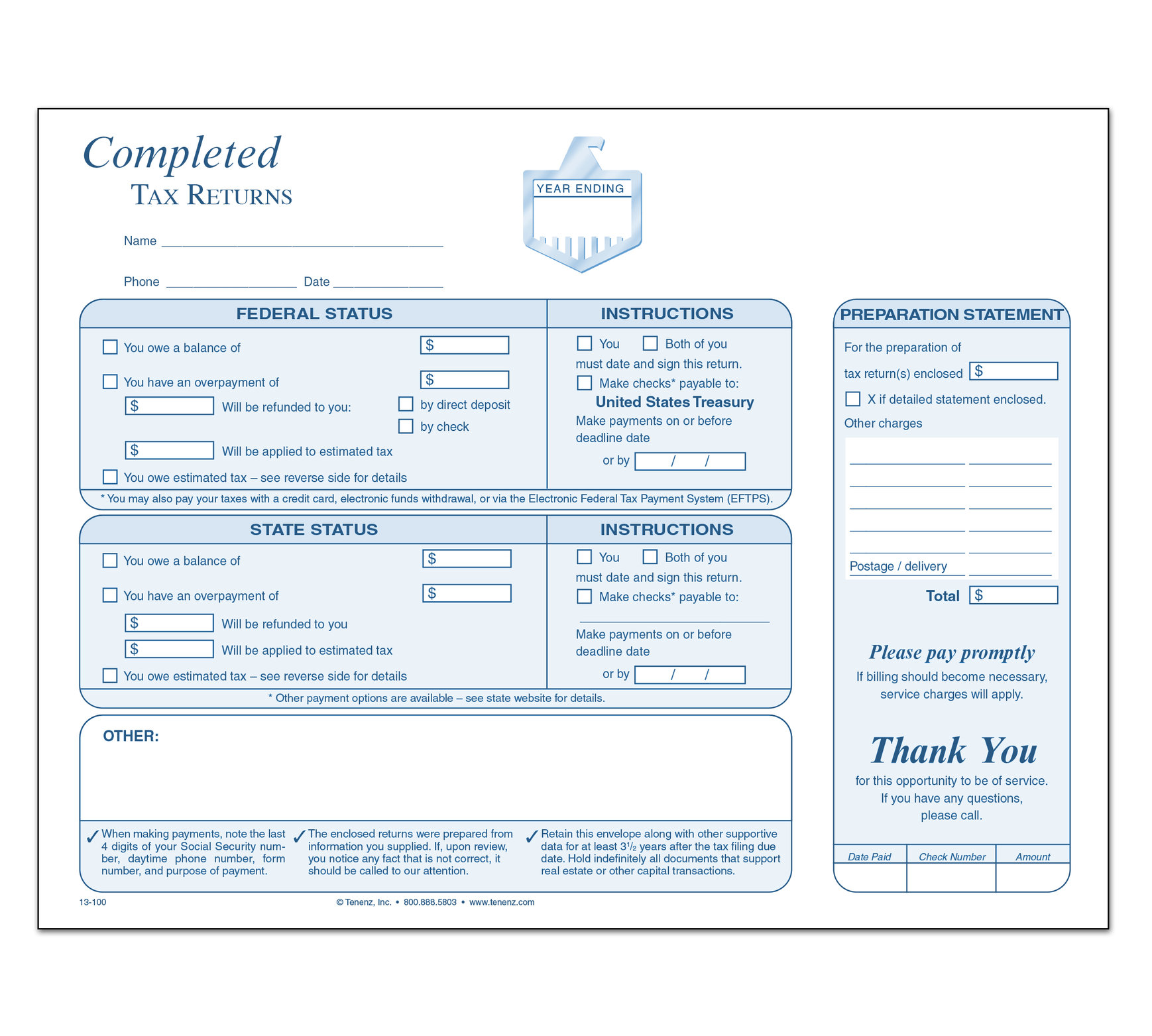 9 X 12 Classic Completed Tax Return Envelope Item 13 100