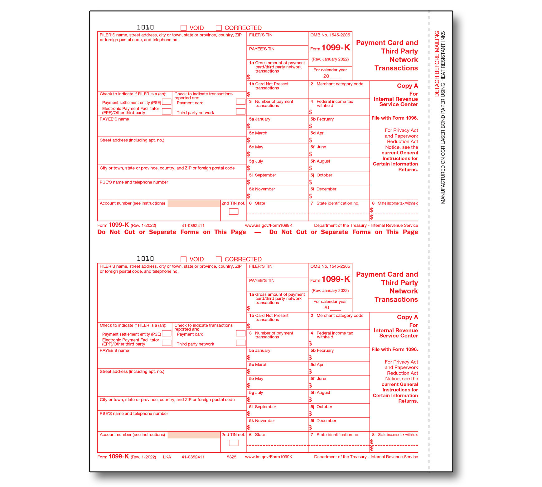 1099k Merchant Card Federal Copy A - Item: #89-5325