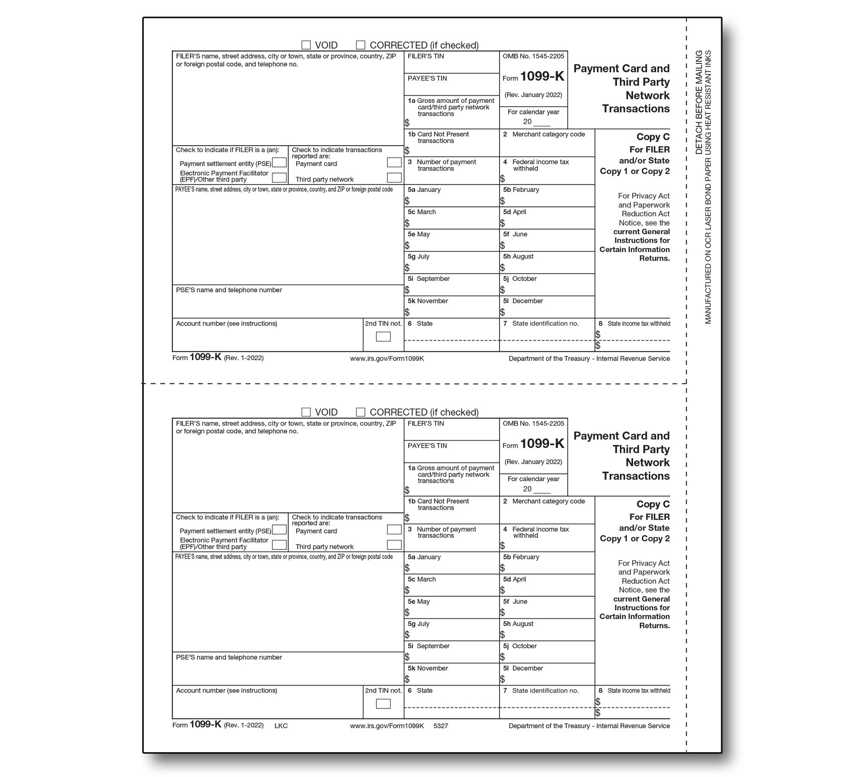 1099k Merchant Card Filer Copy C - Item: #89-5327